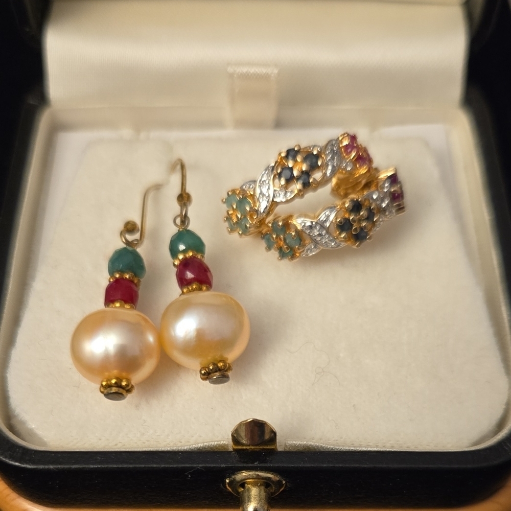 Gold Vermeil Earrings With Pearl, Ruby, Emerald, and Sapphire Gemstones